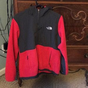 Woman’s pink North Face jacket with hood. Size L